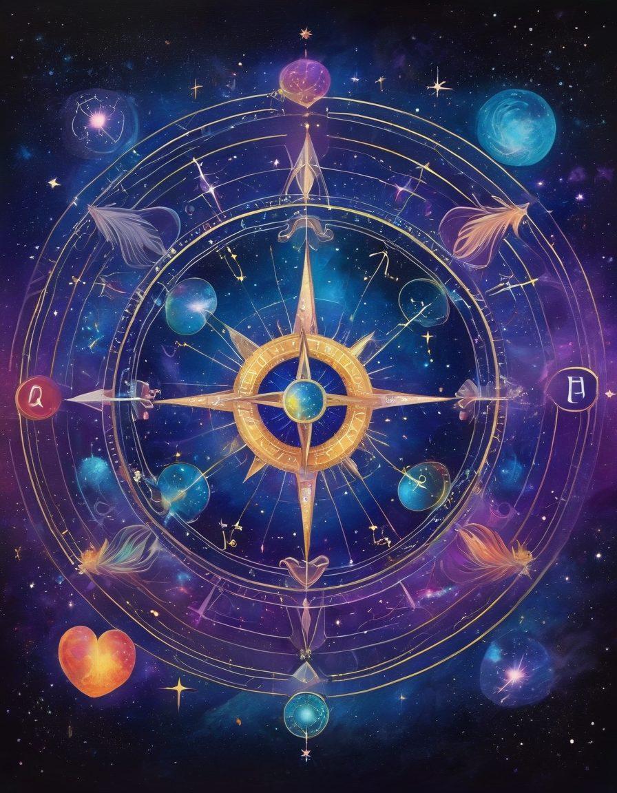 A celestial scene featuring the twelve zodiac signs depicted as vibrant constellations interconnected with colorful love symbols, such as hearts and arrows. The background should be a deep night sky sprinkled with stars, symbolizing guidance and navigation in love. A mystical compass could be subtly integrated, hinting at direction and confidence. The overall tone should exude warmth and connection. super-realistic. vibrant colors. starry background.