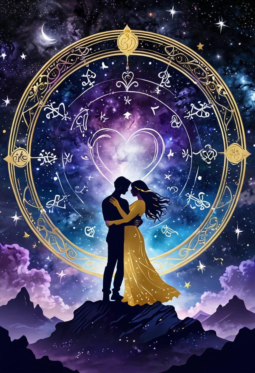 A cosmic night landscape depicting the twelve zodiac signs in a harmonious dance, intertwined with symbols of love such as hearts and intertwined rings. The background should feature a starry sky with constellations aligning, symbolizing compatibility. Include elements of a serene couple gazing at the stars, embodying connection and guidance through astrology. The overall color palette should be magical and vibrant, blending deep blues and purples with shimmering golds and silvers. digital art. vibrant colors. mystical atmosphere.