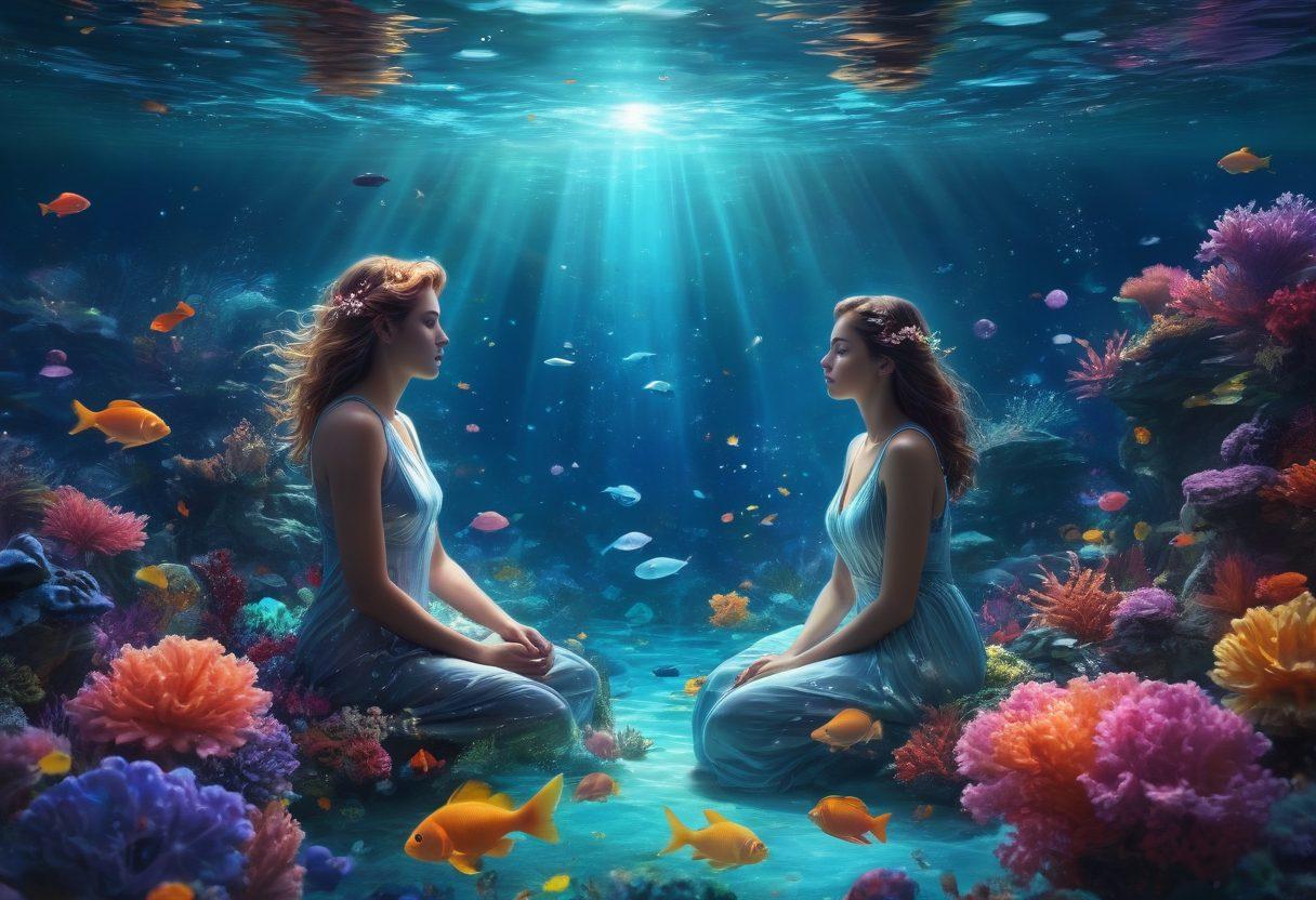 A mystical underwater world featuring zodiac symbols as constellations shimmering above a serene couple exploring their relationship, surrounded by colorful fish and corals representing each sign's traits. Ethereal light beams filtering through the water create a magical atmosphere. Illustrate the themes of connection and astrological insights in a harmonious way. vibrant colors. 3D. super-realistic.